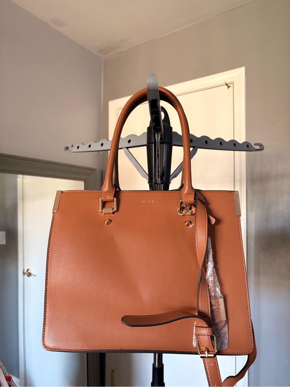 ALDO Tan Pebbled Leather Satchel with Gold Accents